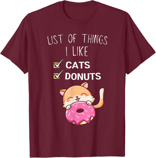 Cute Kawaii Cat List Of Things I Like Donuts Lover T-Shirt - T-Shirt | Maroon