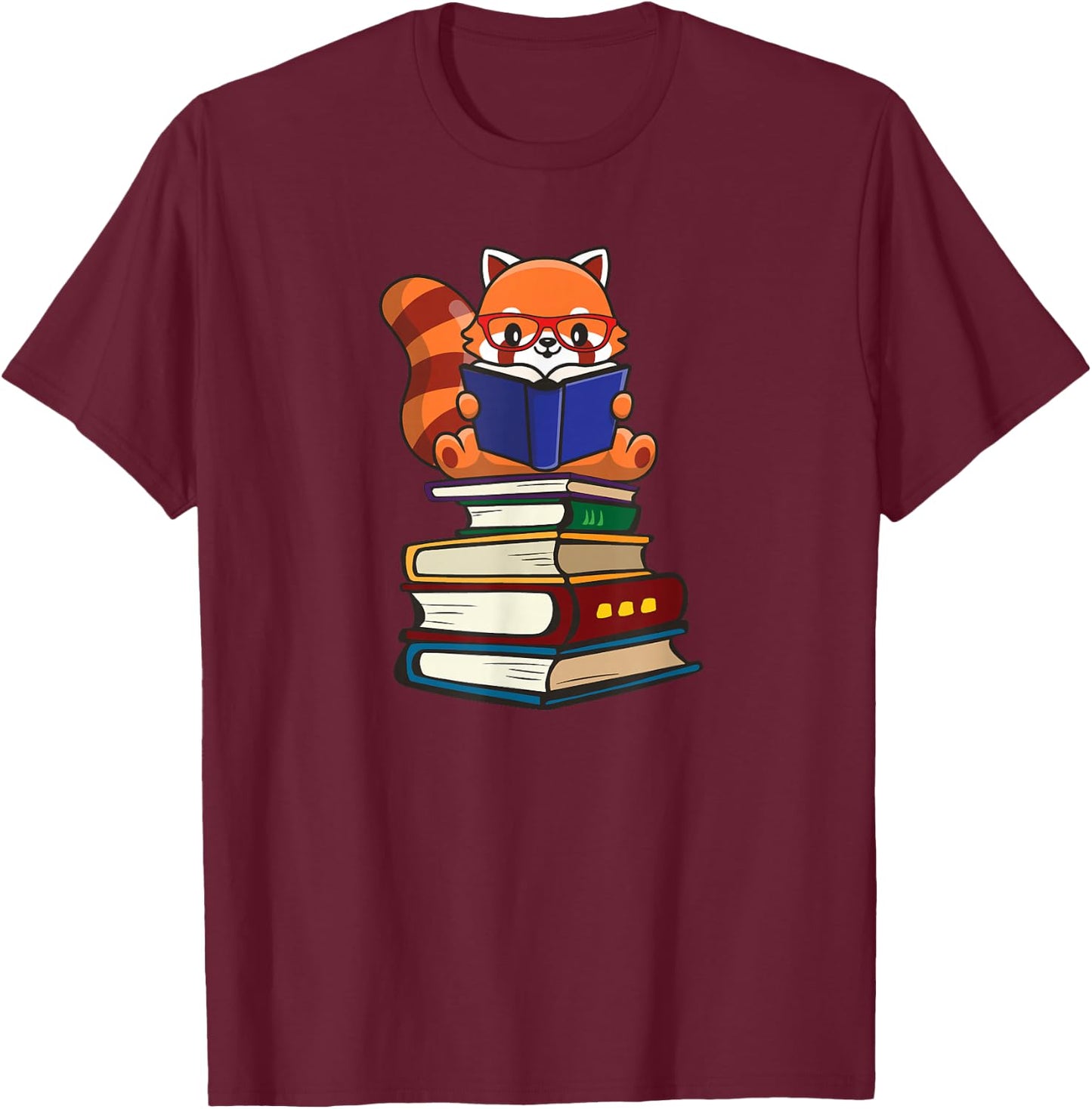 Cute Kawaii Kids Reading Books Glasses Red Panda Lover T-Shirt - T-Shirt | Maroon