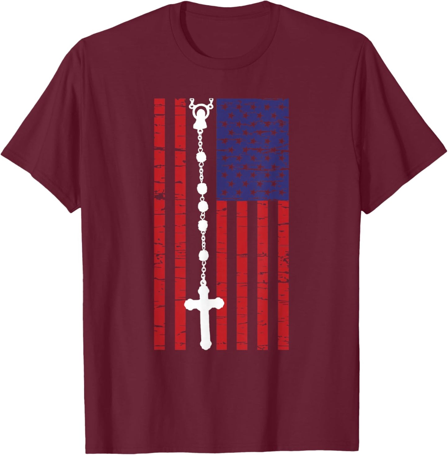 American Flag Rosary Catholic T-Shirt - T-Shirt | Maroon