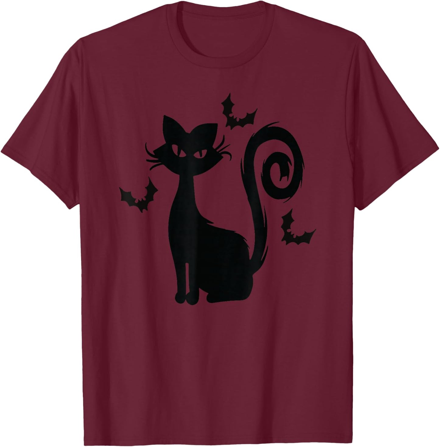 Black Cute Cat With Bats Funny Spooky T-Shirt - T-Shirt | Maroon