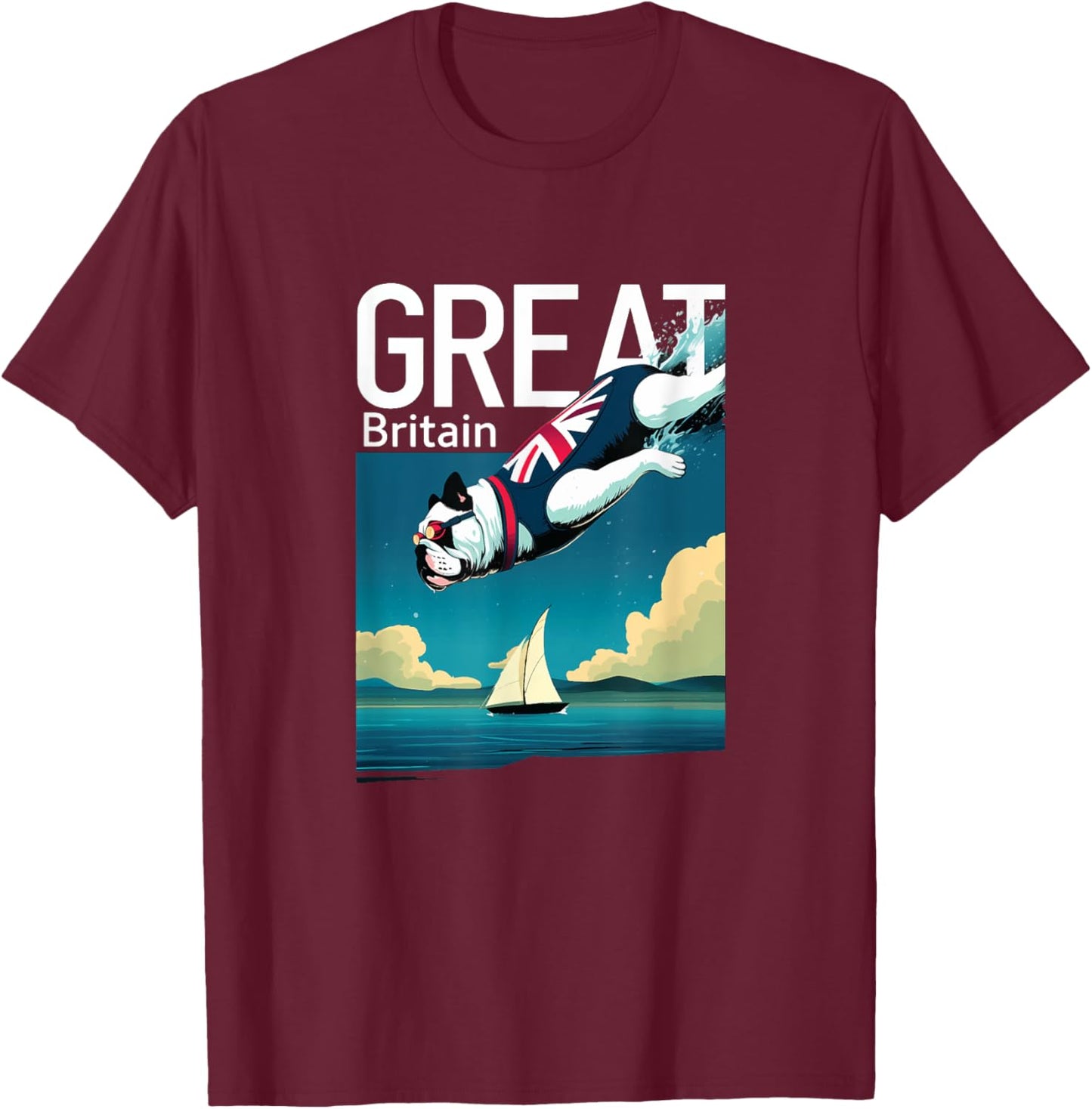 Diving British Bulldog - Great Britain Souvenir T-Shirt - T-Shirt | Maroon