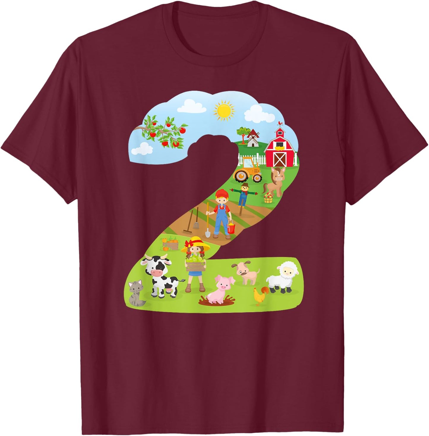 Farm Animals second birthday Party theme number two T-Shirt - T-Shirt | Maroon