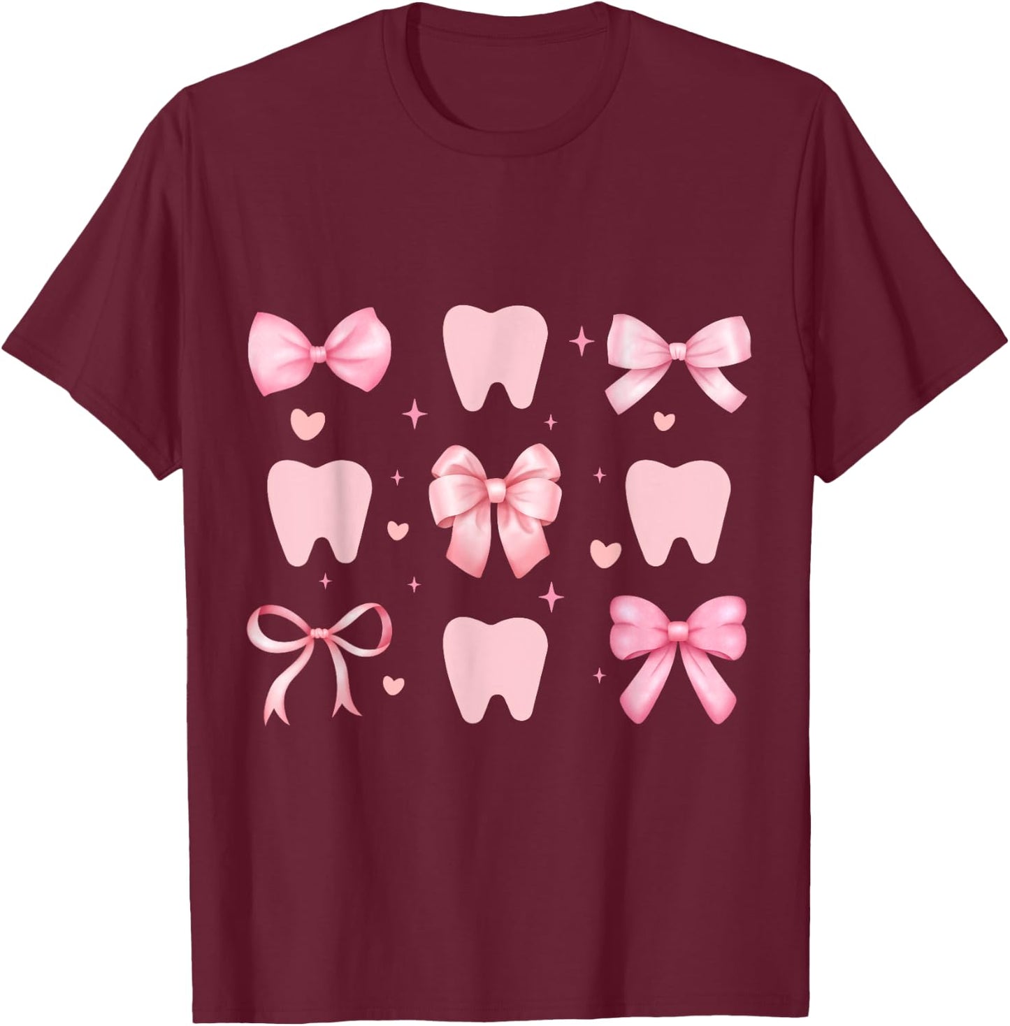 Cute Tooth Dental Assistant Coquette Bow Hygiene Oral RDH T-Shirt - T-Shirt | Maroon
