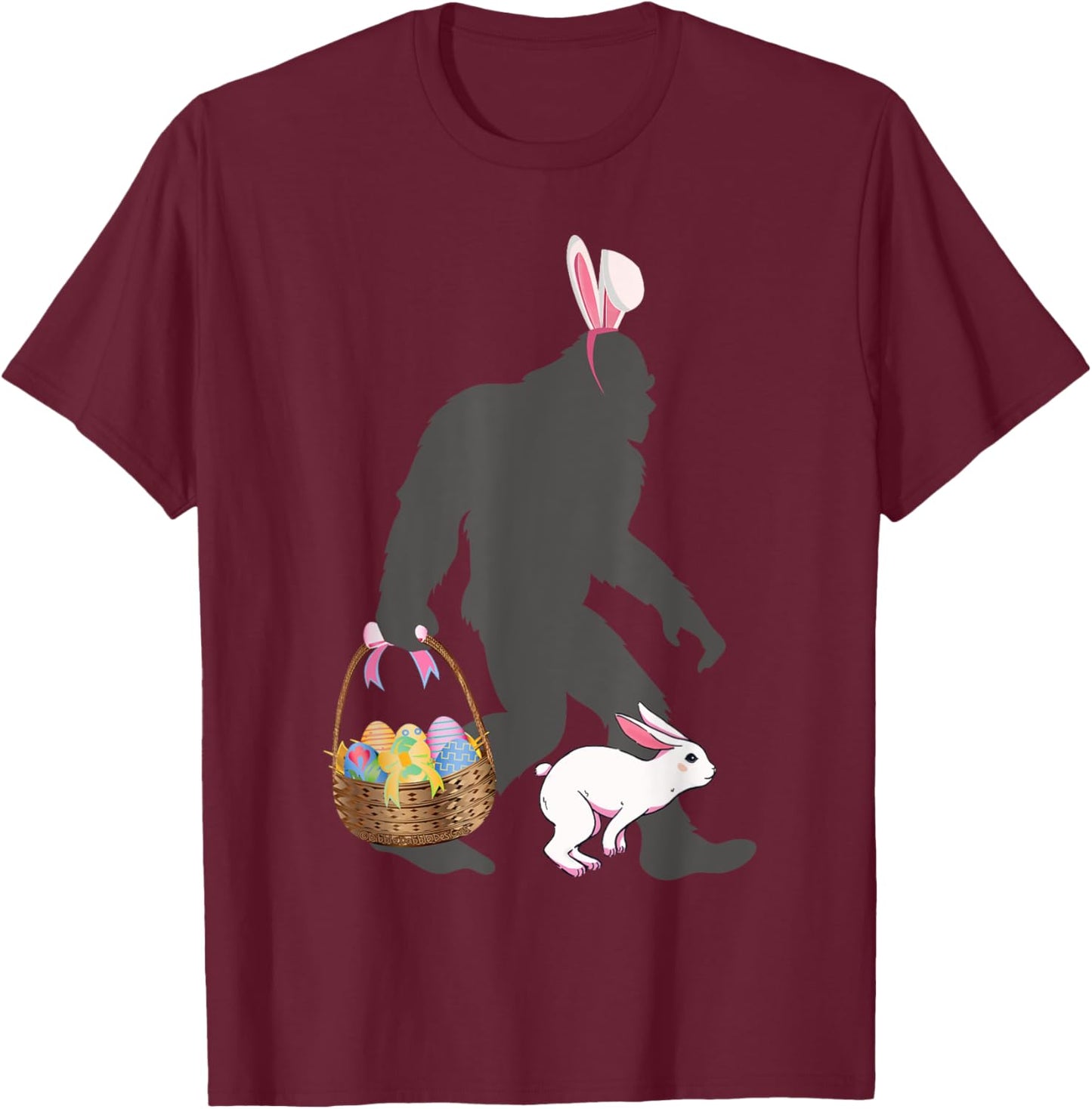 Funny Bigfoot with Easter Basket Bunny Rabbit Easter Bigfoot T-Shirt - T-Shirt | Maroon