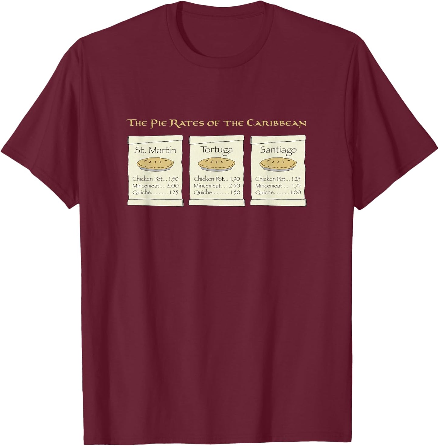 The Pie Rates of the Caribbean Funny Pirate Pun Design on a T-Shirt - T-Shirt | Maroon