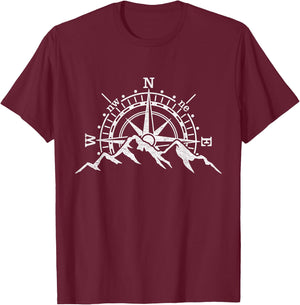 Mountains Scene and Compass Rose Adventure Sports T-Shirt - T-Shirt | Maroon
