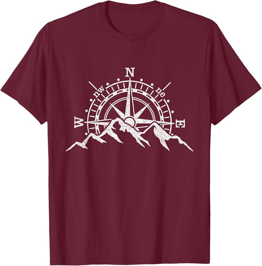 Mountains Scene and Compass Rose Adventure Sports T-Shirt - T-Shirt | Maroon