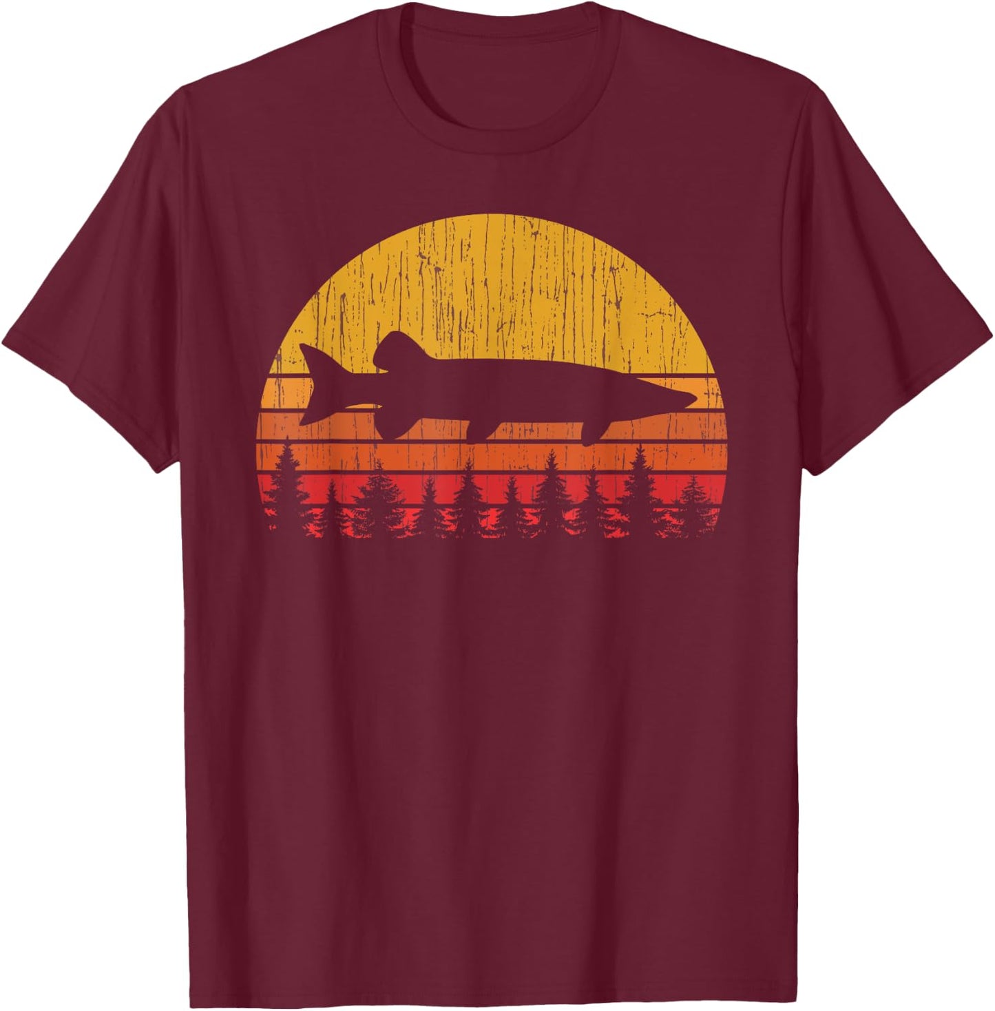 Muskie Fishing Retro Musky Fisherman Treeline Sunset T-Shirt - T-Shirt | Maroon