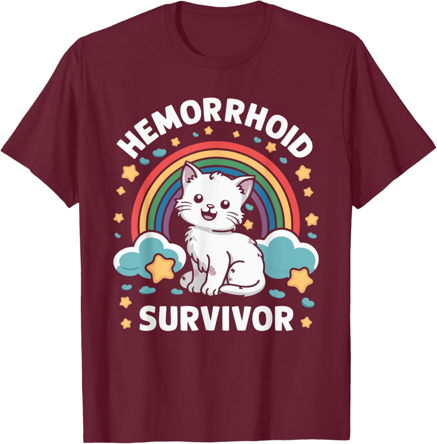 Oddly Specific Meme Embarrassing Adult Humor Hemorrhoid Survivor Cat , Small, Black T-Shirt - T-Shirt | Maroon