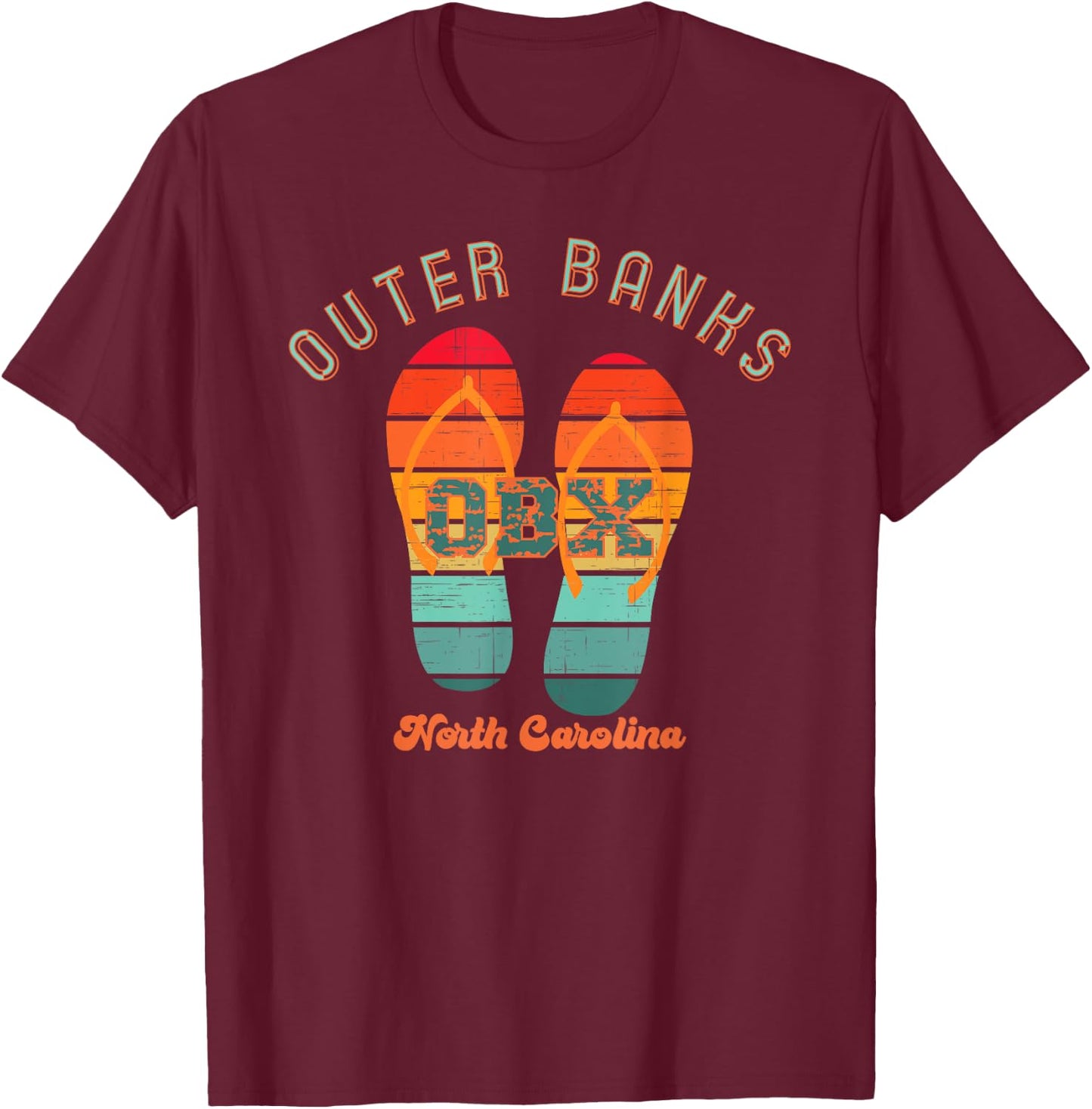 NC OBX Retro Beach Family Vacation Outer Banks Flip Flops Men Women Girls Kids T-Shirt - T-Shirt | Maroon