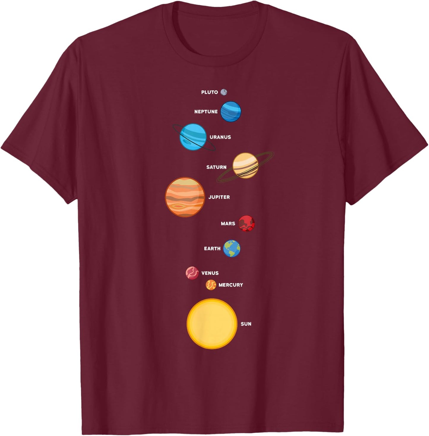 Planets Universe Solar System Milky Way Sun Pluto Earth T-Shirt - T-Shirt | Maroon