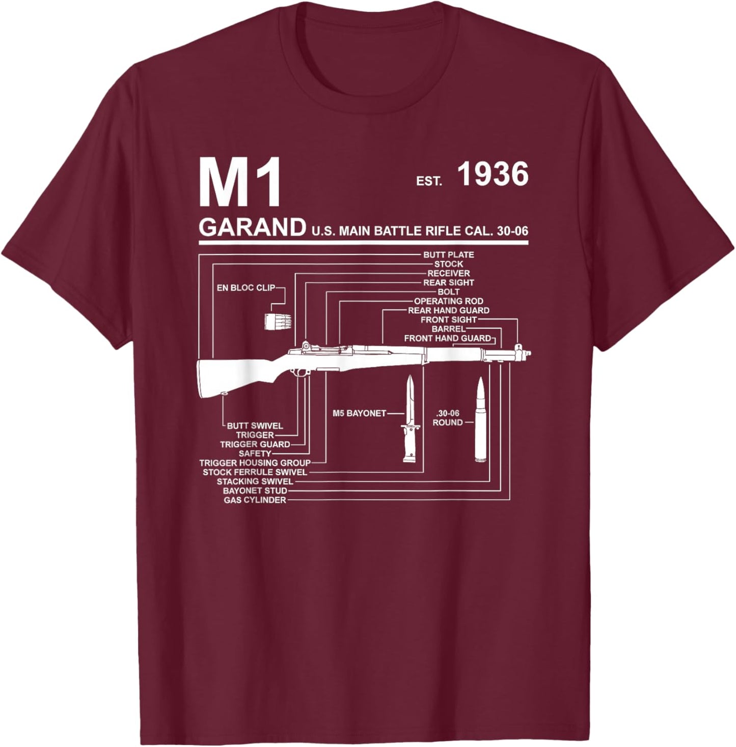 Dinosaurus Rekx M1 Garand Rifle Gun WWII Graphic - Black, , Short Sleeve, Classic Fit, Cotton 65% Polyester 35%, Small T-Shirt - T-Shirt | Maroon