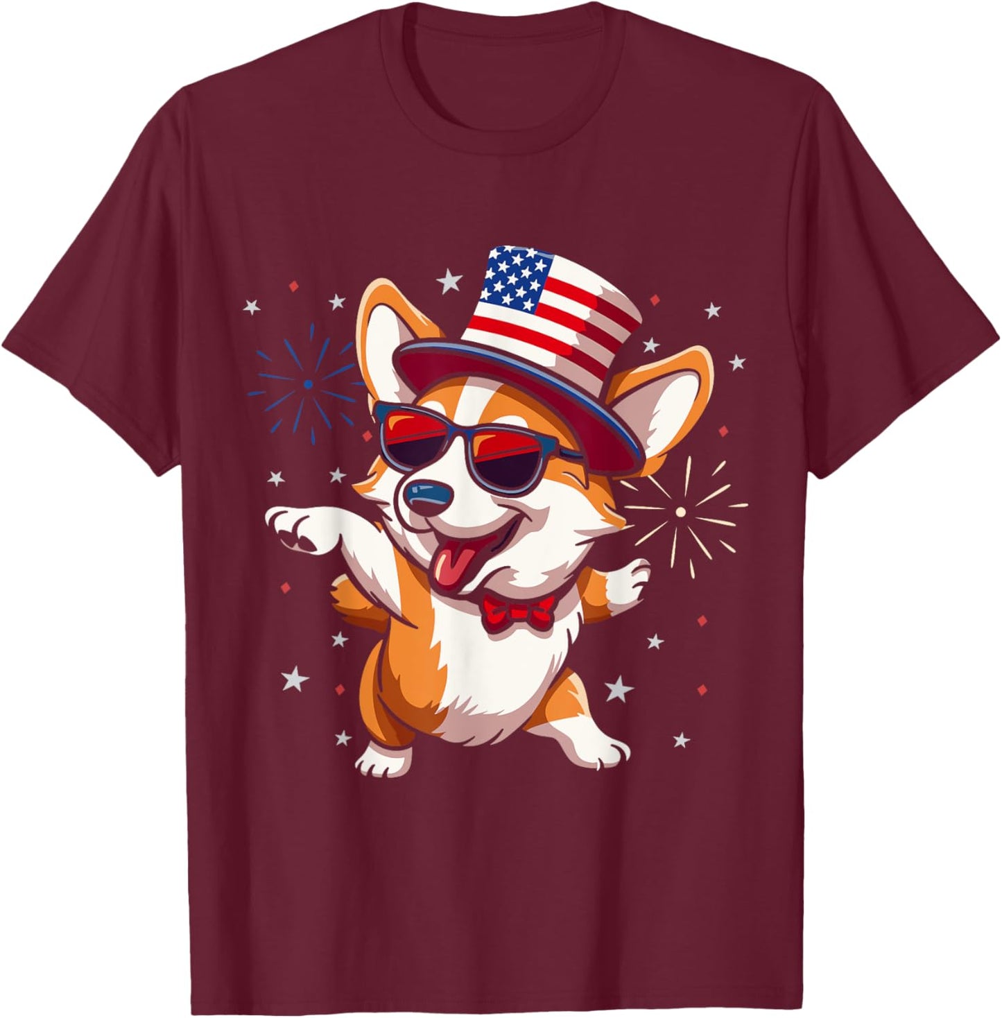 Patriotic American Corgi Dancing USA Flag Dog 4th Of July Women Kids Men T-Shirt - T-Shirt | Maroon