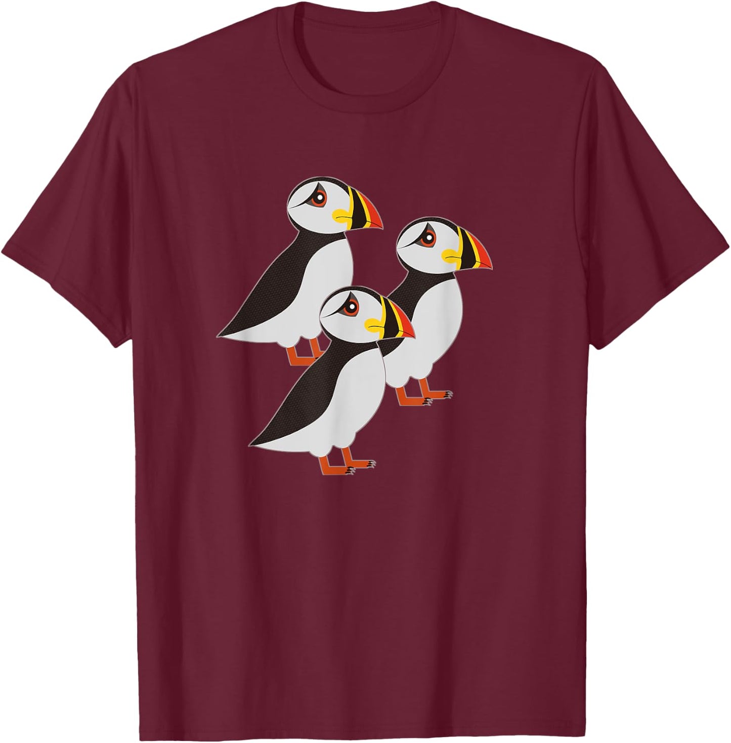 Three Puffin Bird Colorful Beak Coastal T-Shirt - T-Shirt | Maroon