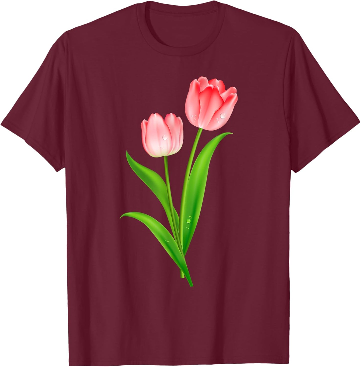 Beautiful Pink Tulip Flower Couple Graphic Artwork T-Shirt - T-Shirt | Maroon