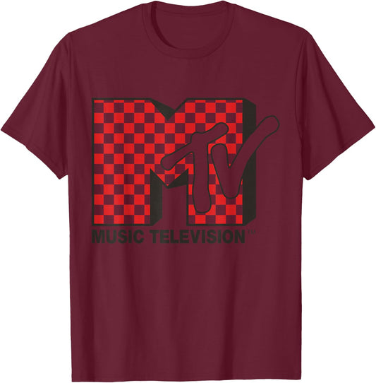 MTV Logo with Red Checkered Print Small T-Shirt - T-Shirt | Maroon