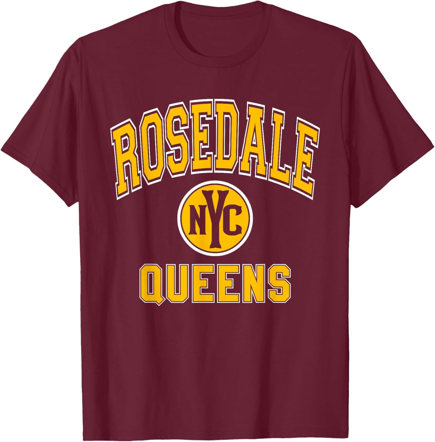 Rosedale Queens Text NYC Circle Amber Print T-Shirt - T-Shirt | Maroon