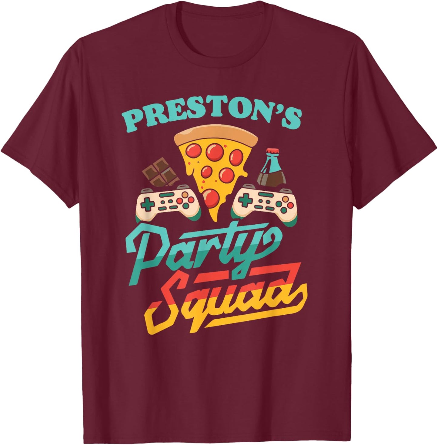 Preston's Party Squad Pizza Gaming Birthday Party T-Shirt - T-Shirt | Maroon