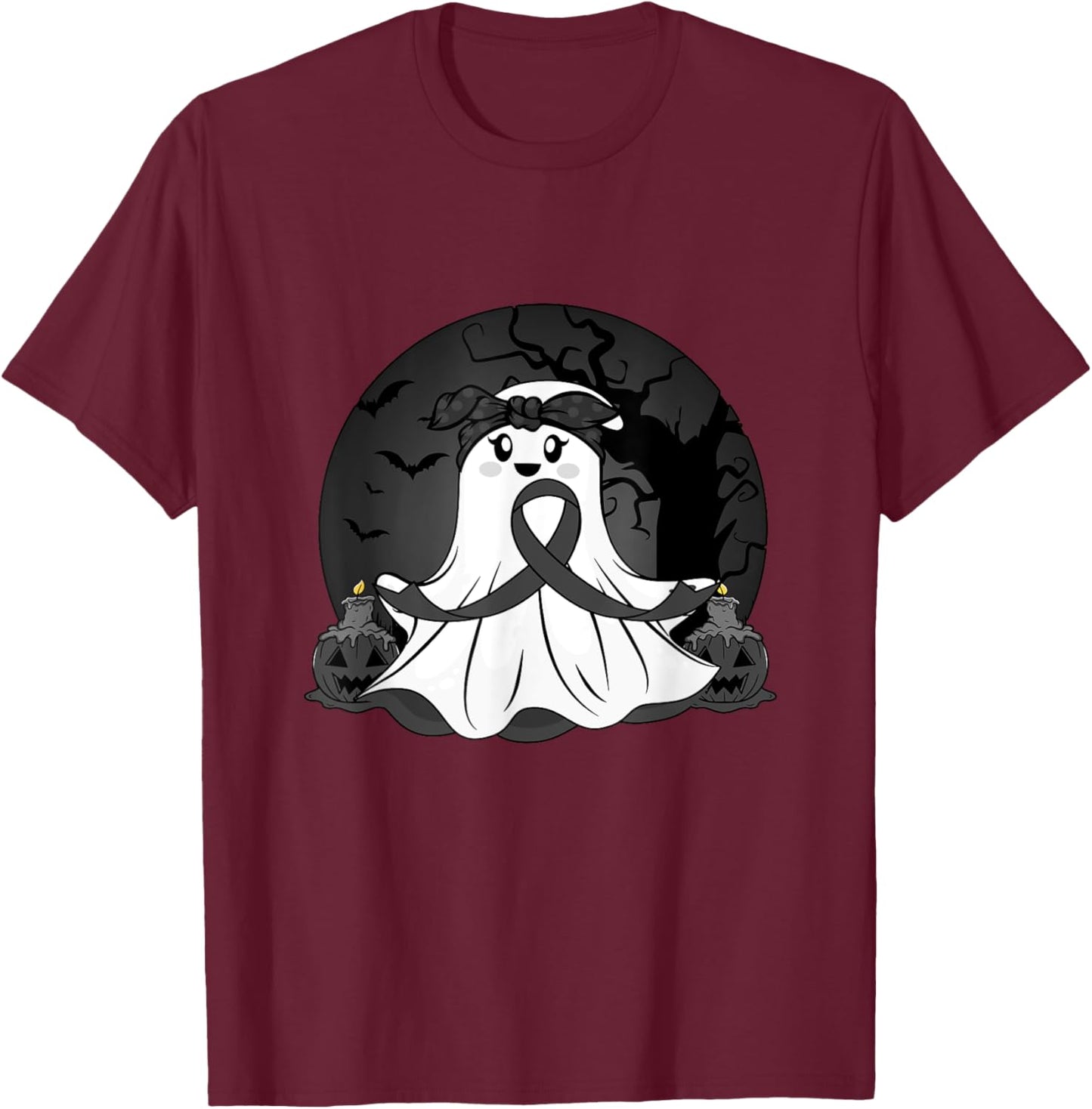 Melanoma Cancer Halloween Ghost Black Ribbon Warrior Month T-Shirt - T-Shirt | Maroon
