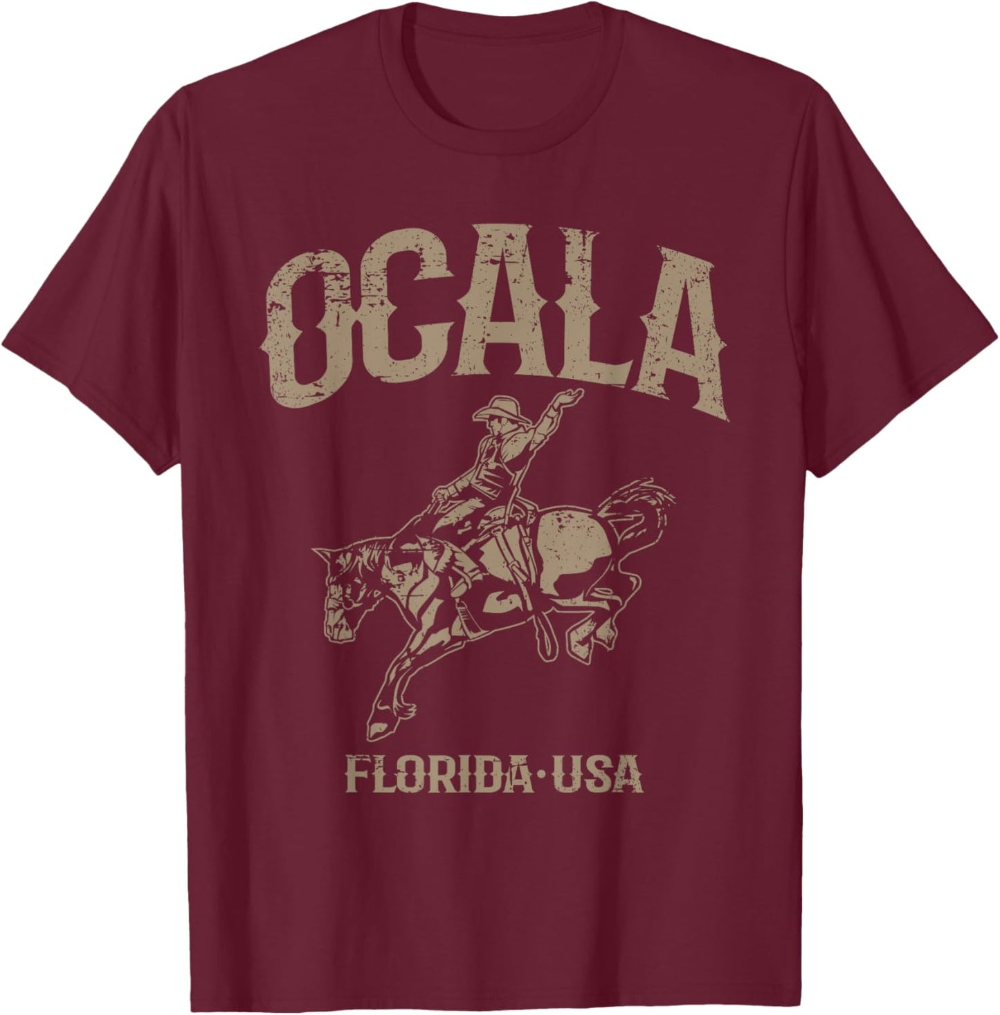 Ocala Florida USA Cowboy and Bucking Horse Design T-Shirt - T-Shirt | Maroon