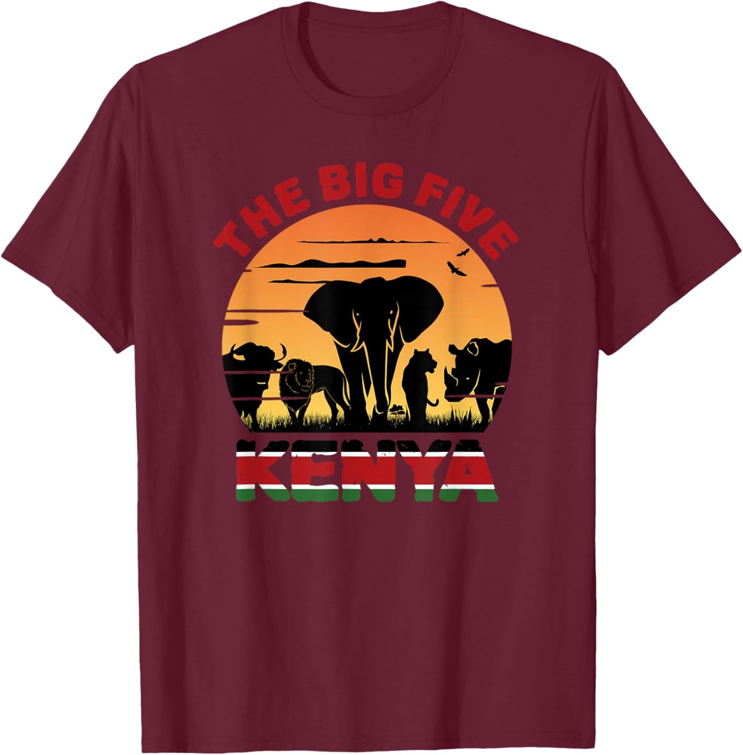 Kenyan Flag, Big Five Kenya Pride Wildlife Safari T-Shirt - T-Shirt | Maroon