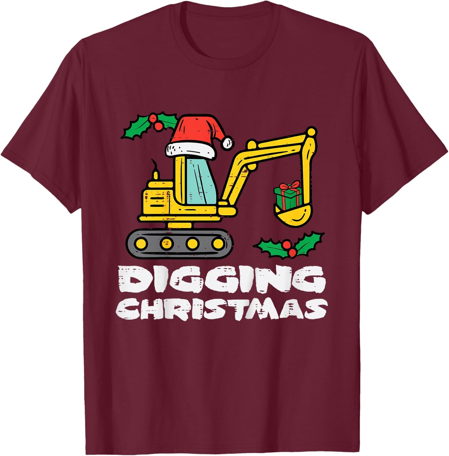 Kids Digging Christmas Excavator Xmas Truck Boys Kids Toddler T-Shirt - T-Shirt | Maroon
