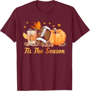 Tis The Season Football Coffee Latte Leaves Hello Pumpkin T-Shirt - T-Shirt | Maroon