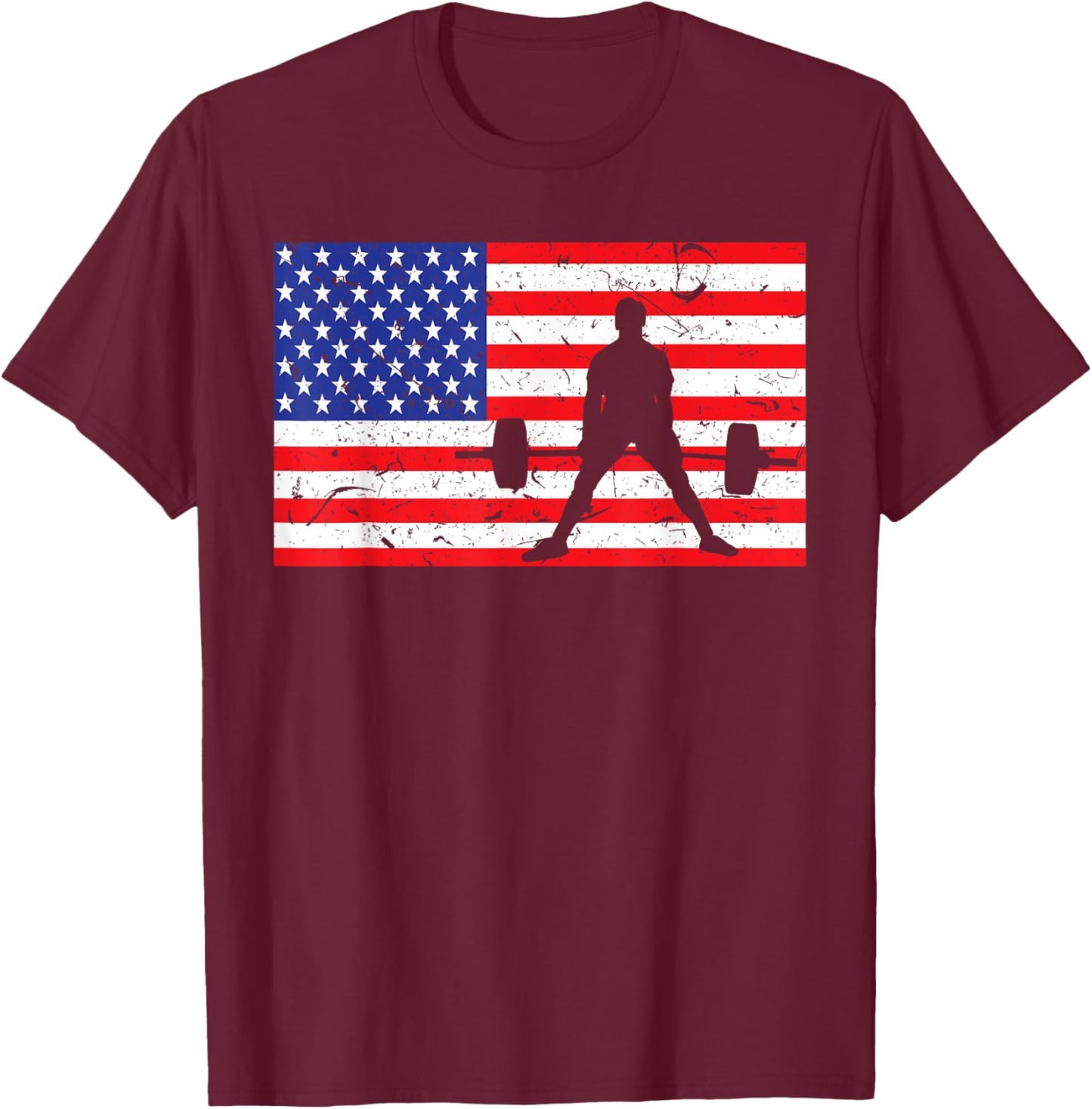 Distressed Powerlifting USA American Flag Vintage Weightlift T-Shirt - T-Shirt | Maroon