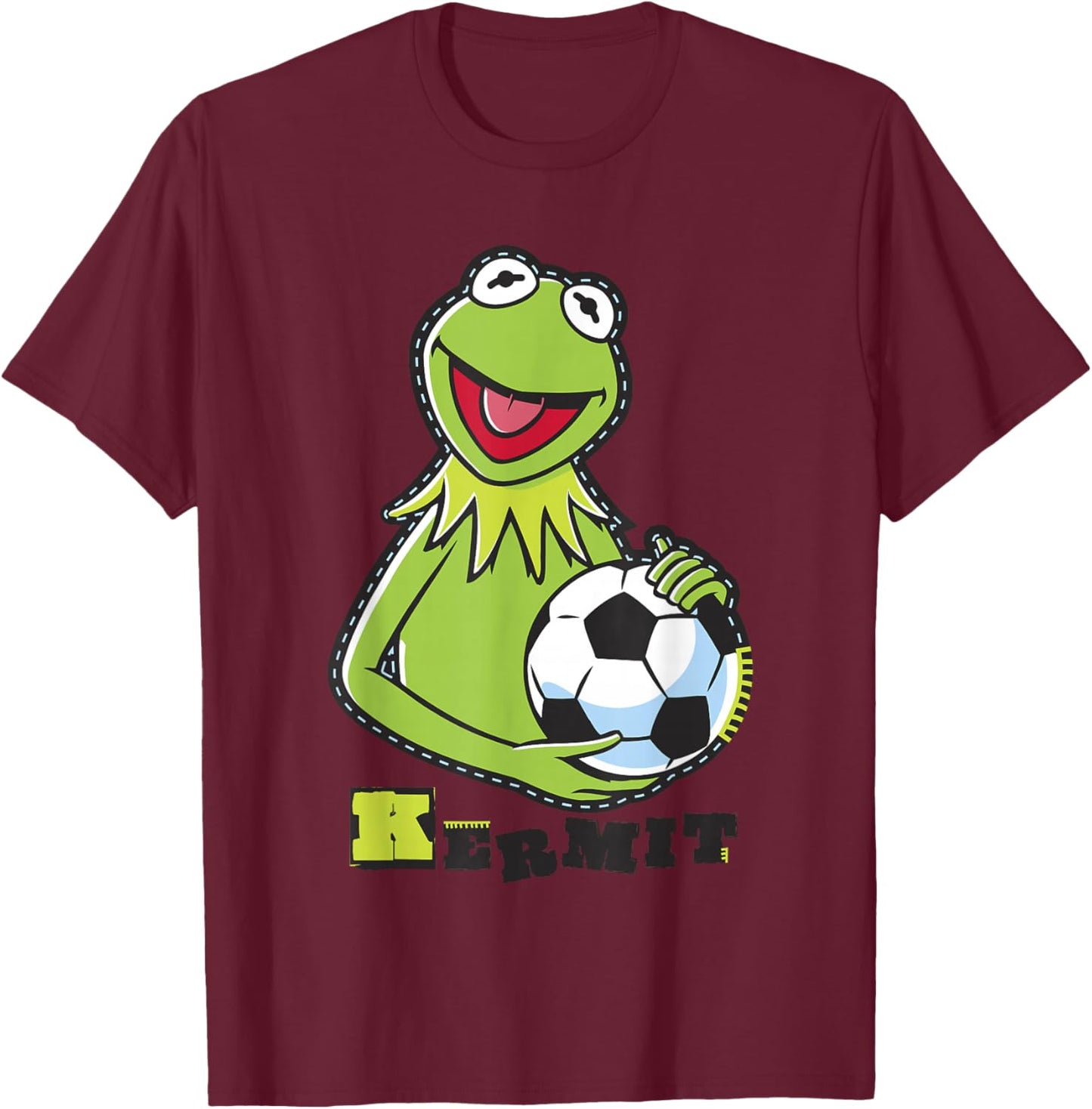 Disney The Muppets Kermit Soccer Ball Vintage Stencil Logo T-Shirt - T-Shirt | Maroon