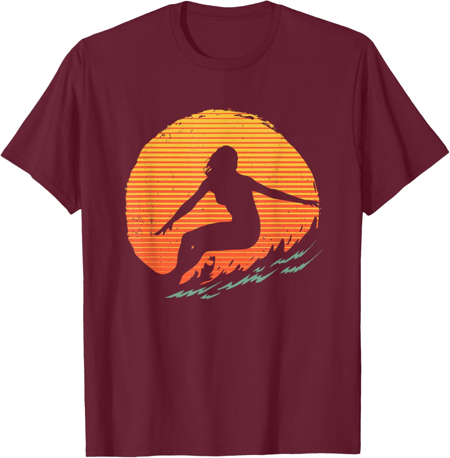Cool Surfer Women Sunset Beach Surfing Retro Surf T-Shirt - T-Shirt | Maroon