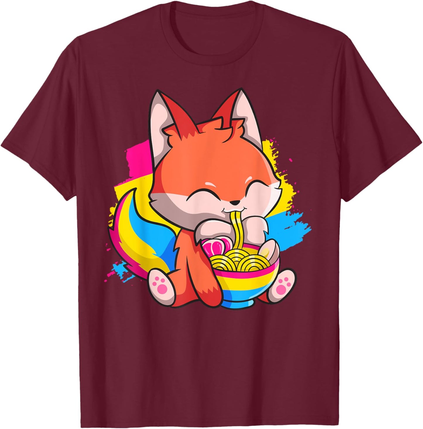 Pansexual Pride Kawaii Fox Ramen Noodles Pansexual Flag T-Shirt - T-Shirt | Maroon