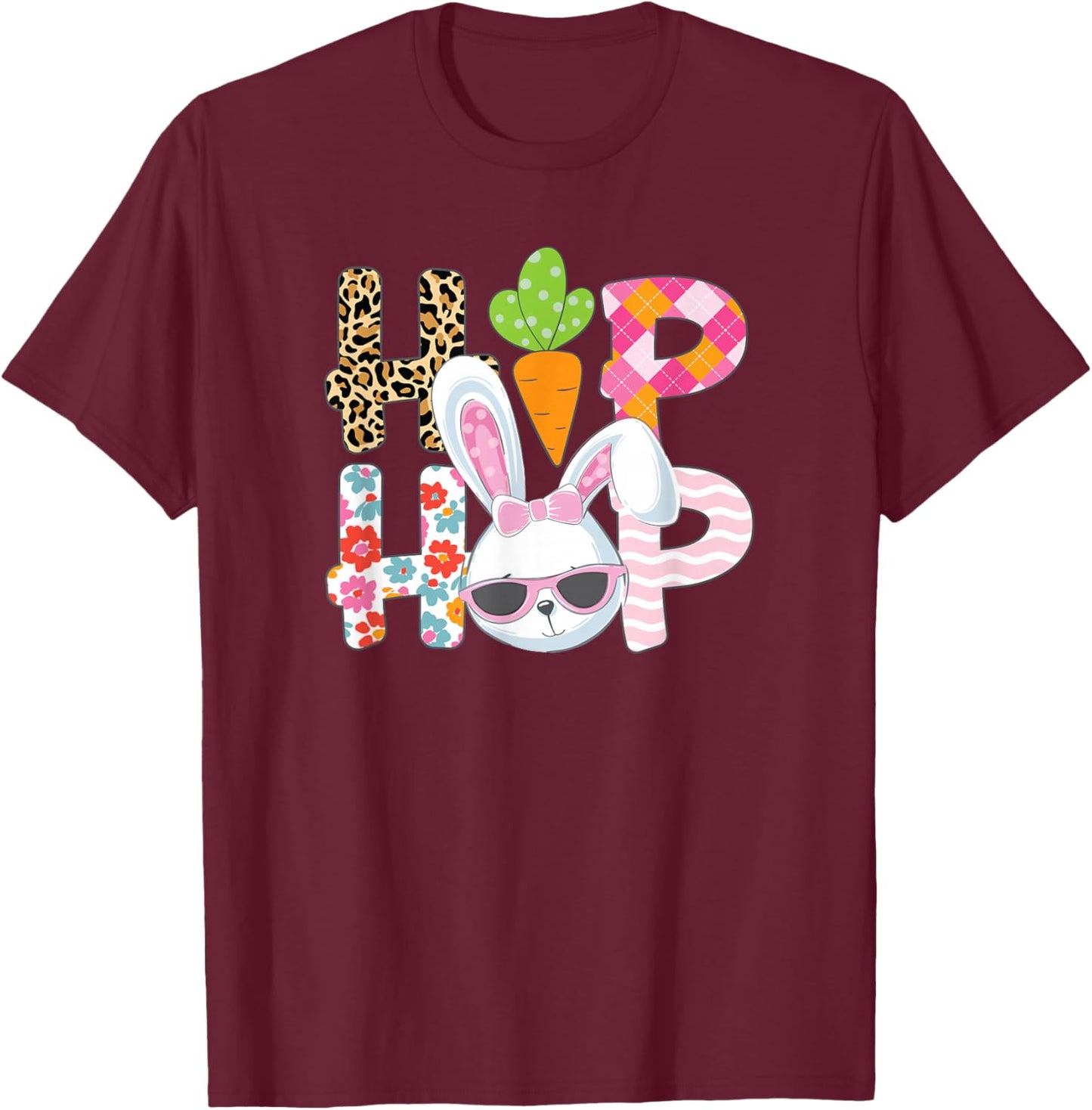 Hip Hop Easter Shirt Women Girls Leopard Print Plaid Bunny T-Shirt - T-Shirt | Maroon
