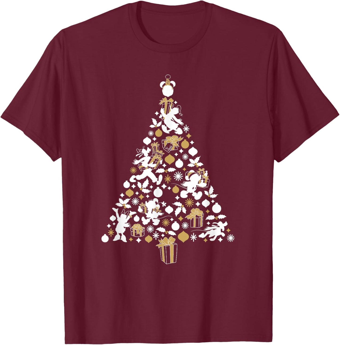 Disney Mickey & Friends White Gold Christmas Tree Holiday T-Shirt - T-Shirt | Maroon