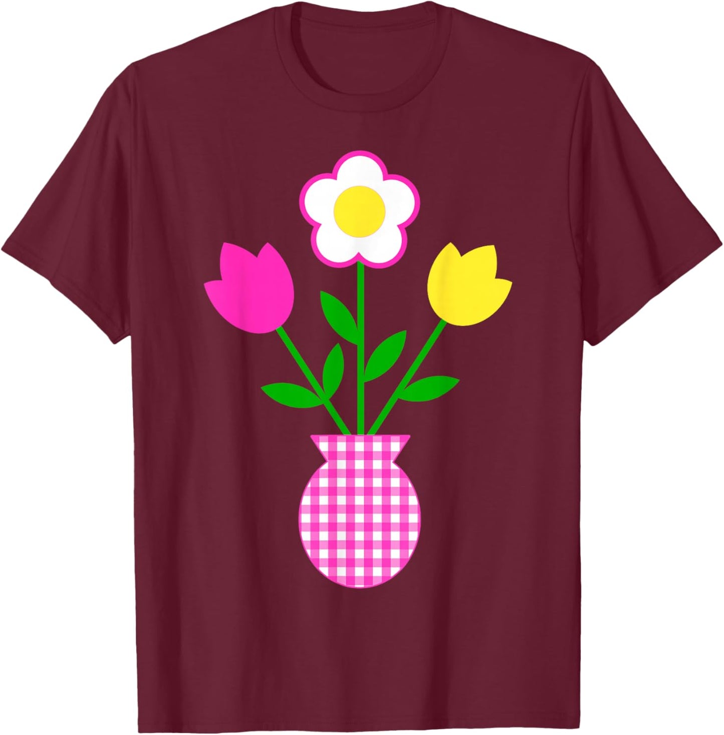 Pink Yellow White Flowers in Tartan Pattern Pot Shapes Mania T-Shirt - T-Shirt | Maroon