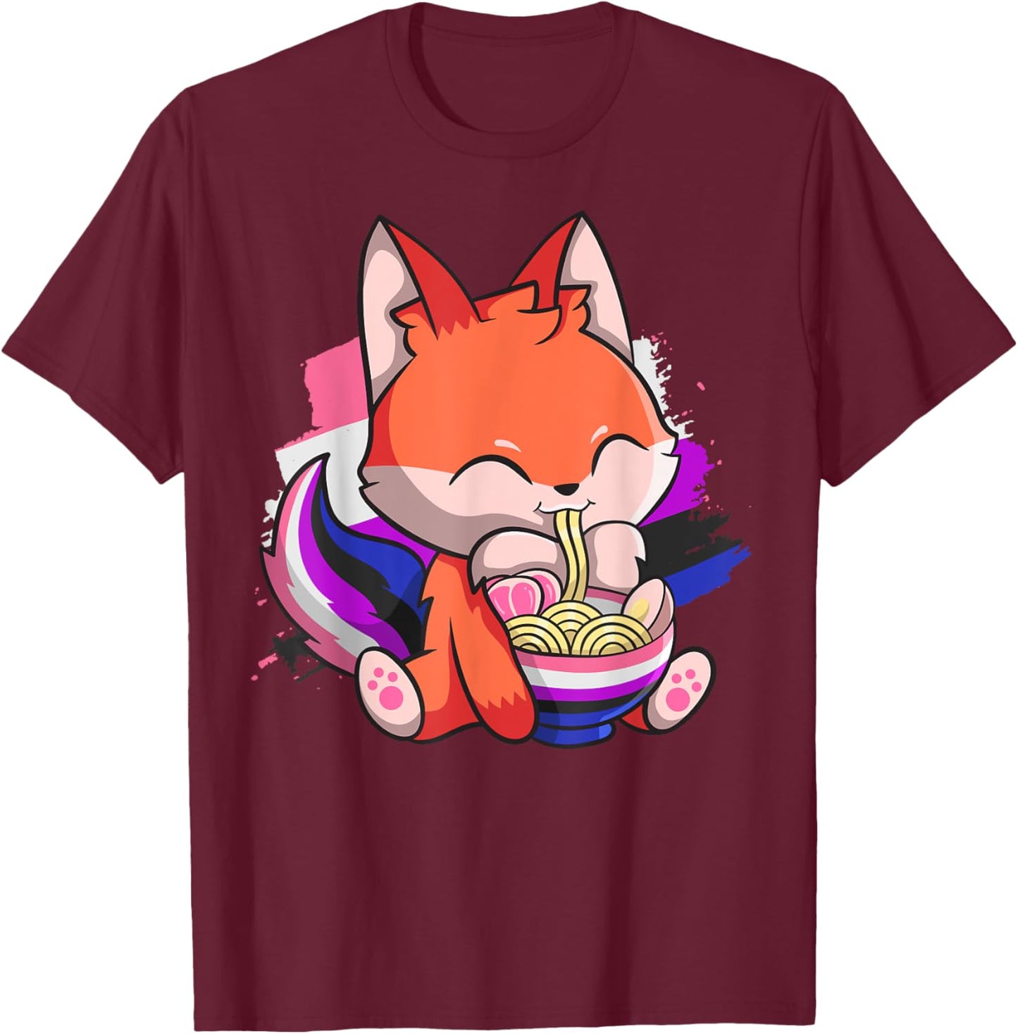 Genderfluid Pride Kawaii Fox Ramen Noodles Genderfluid Flag T-Shirt - T-Shirt | Maroon