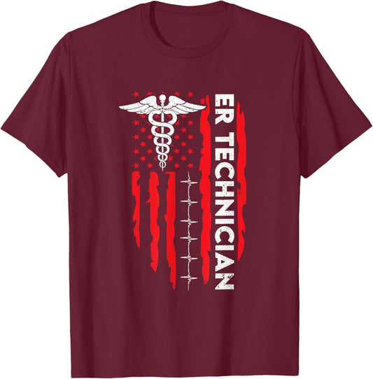 ER Technician American Flag Emergency Room Tech Patriotic Women Men T-Shirt - T-Shirt | Maroon