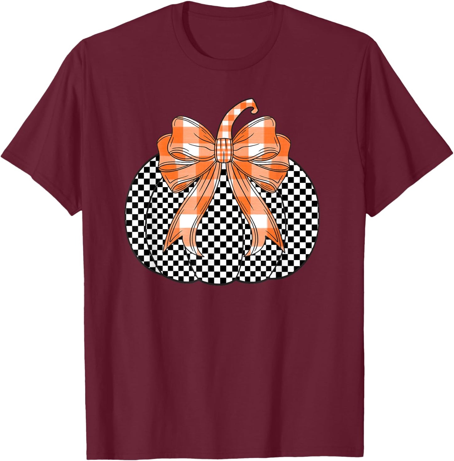 Checkered Flag Pumpkin Bow black & White For Halloween T-Shirt - T-Shirt | Maroon