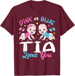 Pink Or Blue Tia Loves You Baby Gender Reveal Keeper T-Shirt - T-Shirt | Maroon