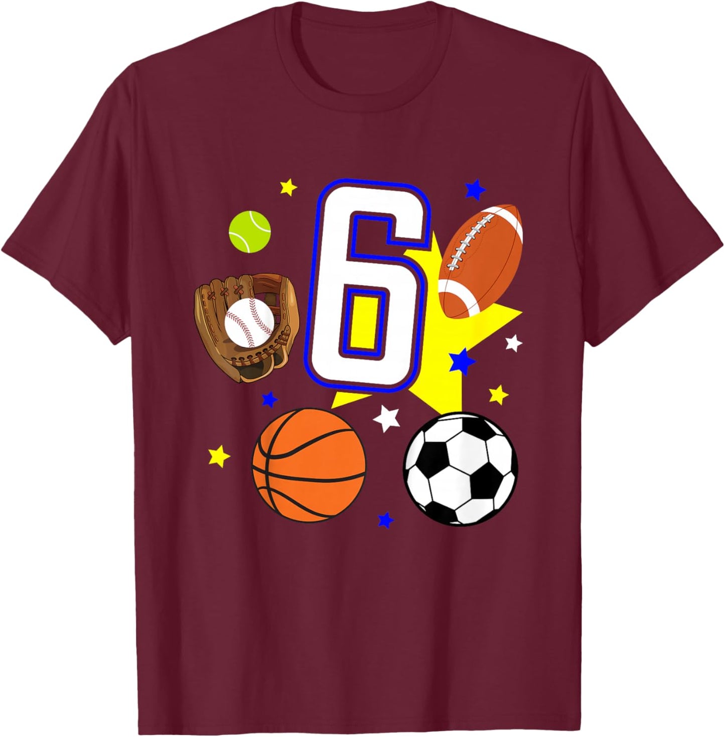 Kids 6th Birthday Sports Birthday Theme 6 Year Old Boy T-Shirt - T-Shirt | Maroon