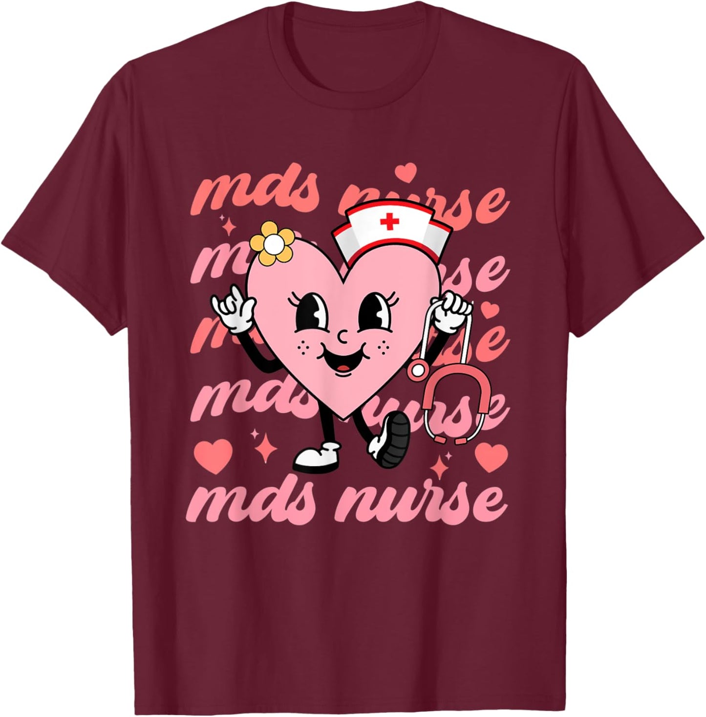 Retro MDS Nurse Valentines Day Hearts Stethoscope Nursing T-Shirt - T-Shirt | Maroon