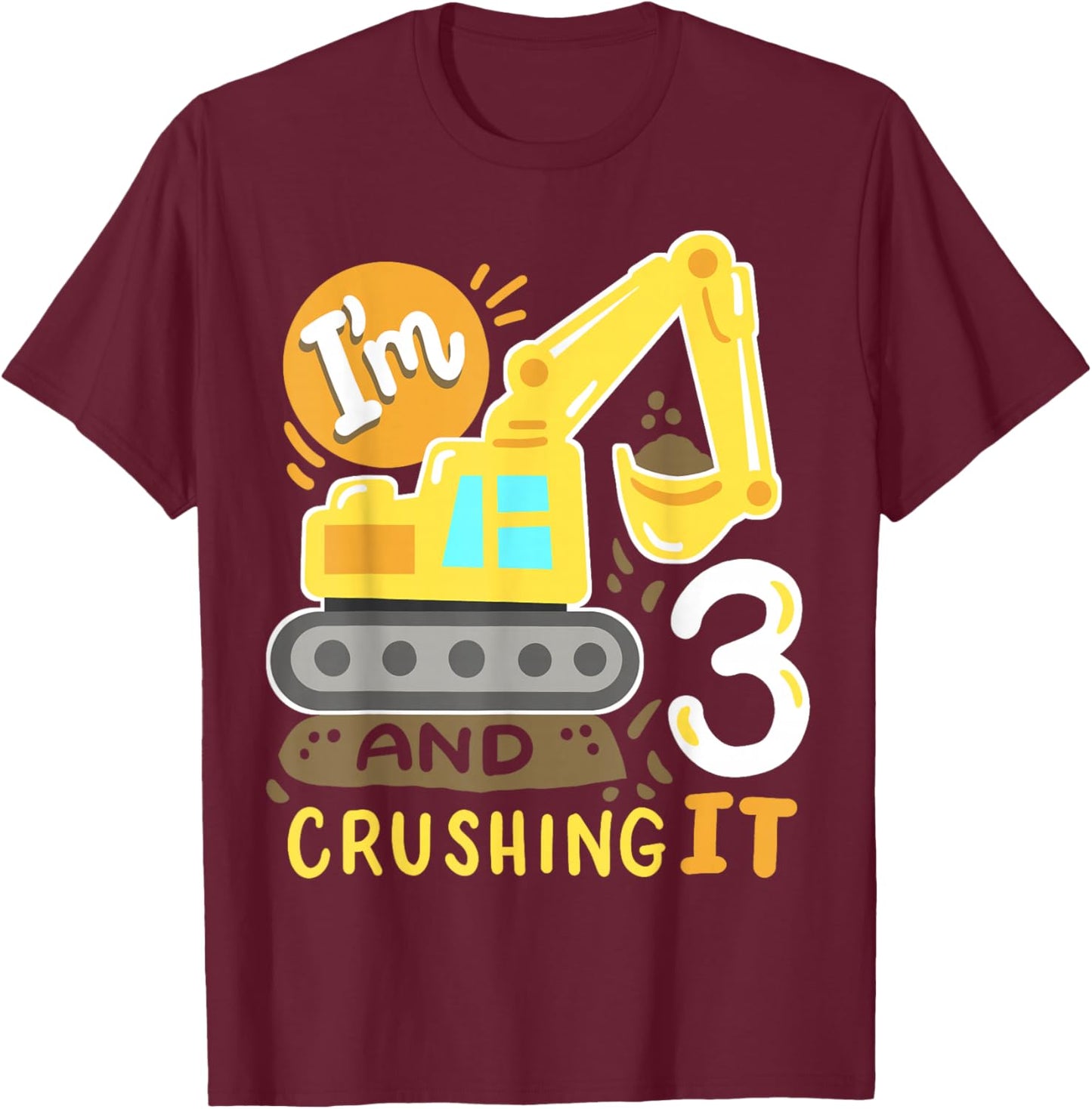 Kids 3rd Construction Birthday Party I'm 3 Crushing It Boys T-Shirt - T-Shirt | Maroon