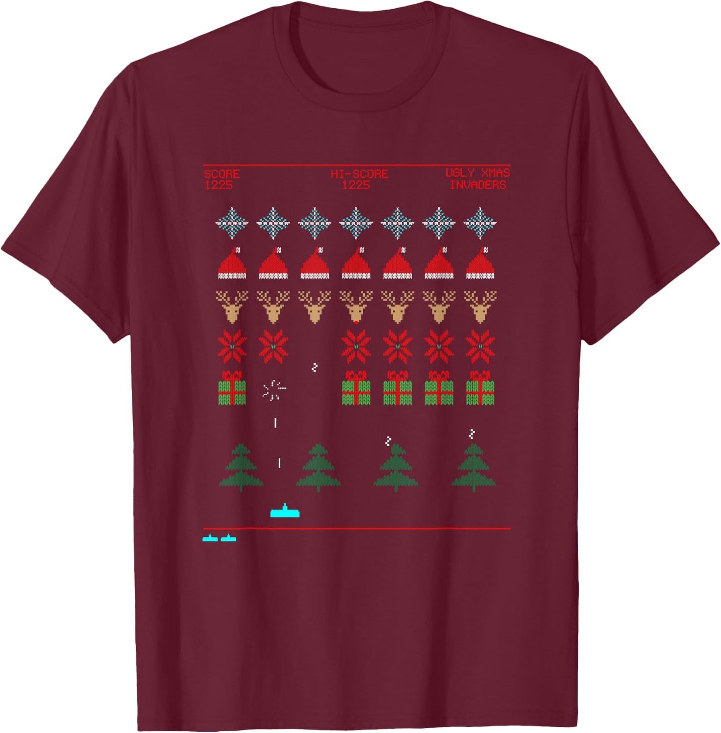Ugly Xmas Invaders From Space T-Shirt - T-Shirt | Maroon