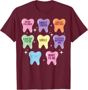 Happy Valentine Heart Teeth Dentist Dental Hygienist T-Shirt - T-Shirt | Maroon