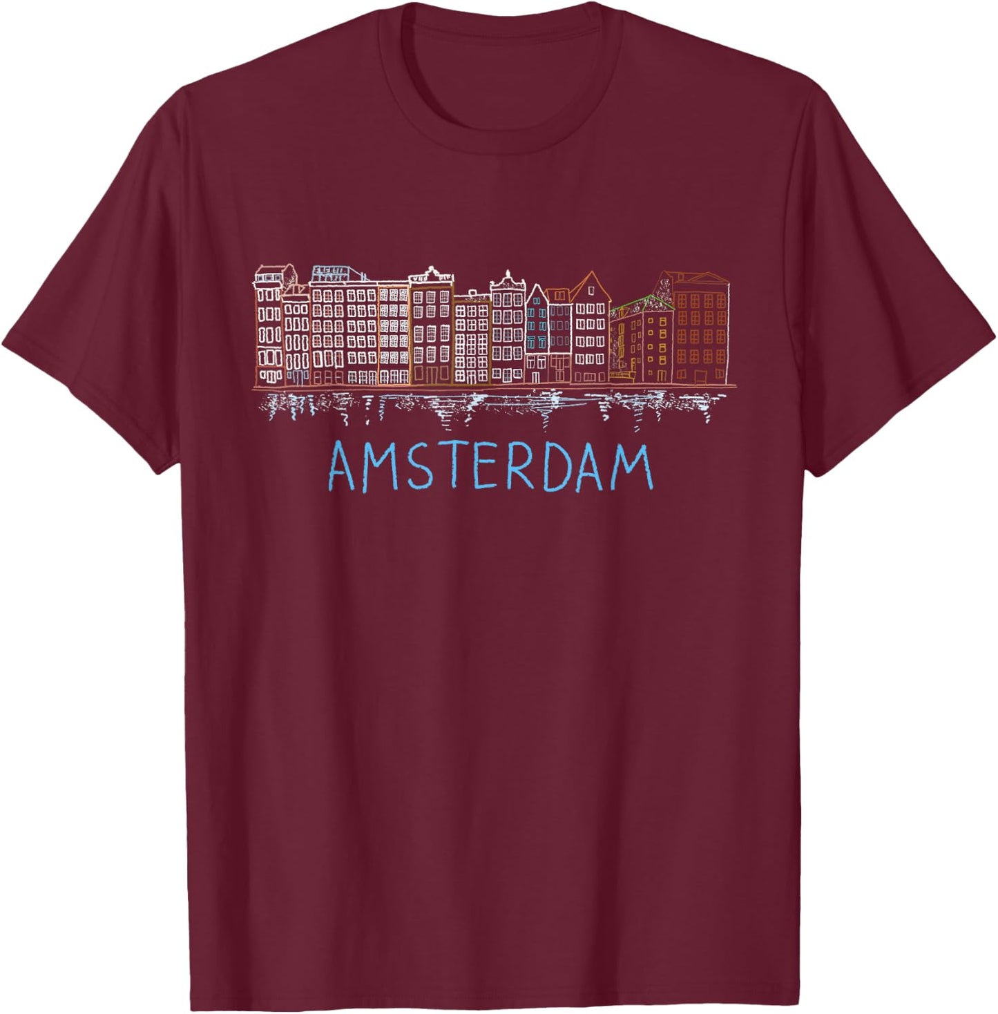 Amsterdam Houses Unique Hand Drawn Art T-Shirt - T-Shirt | Maroon
