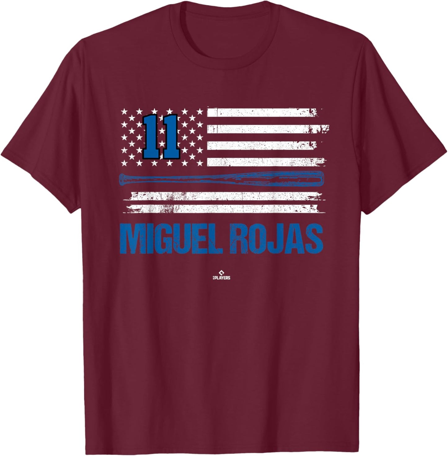 USA Flag Bat Miguel Rojas Los Angeles Baseball MLBPA T-Shirt - T-Shirt | Maroon