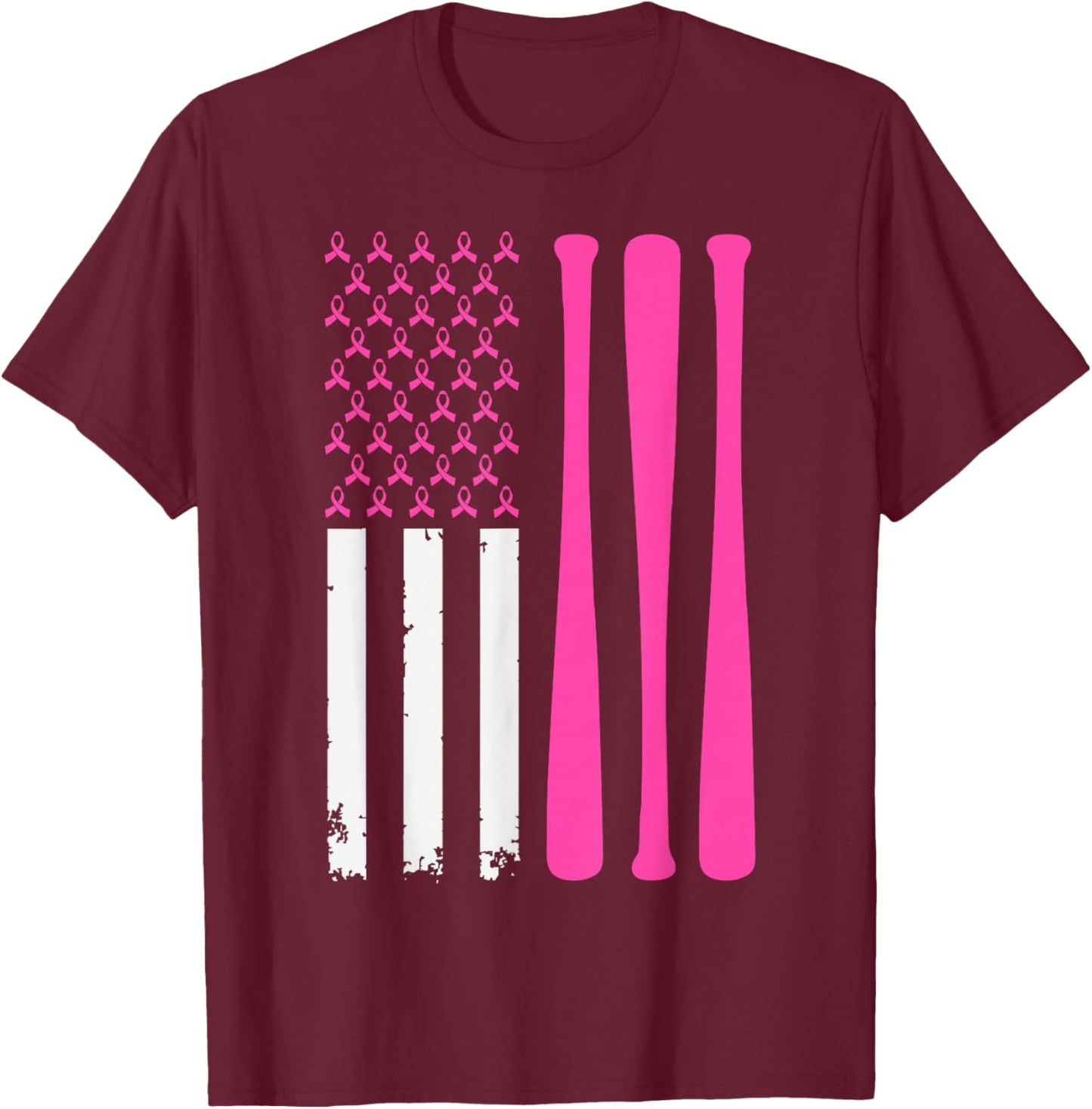 American Baseball Sports Breast Cancer Awareness Ribbon T-Shirt - T-Shirt | Maroon