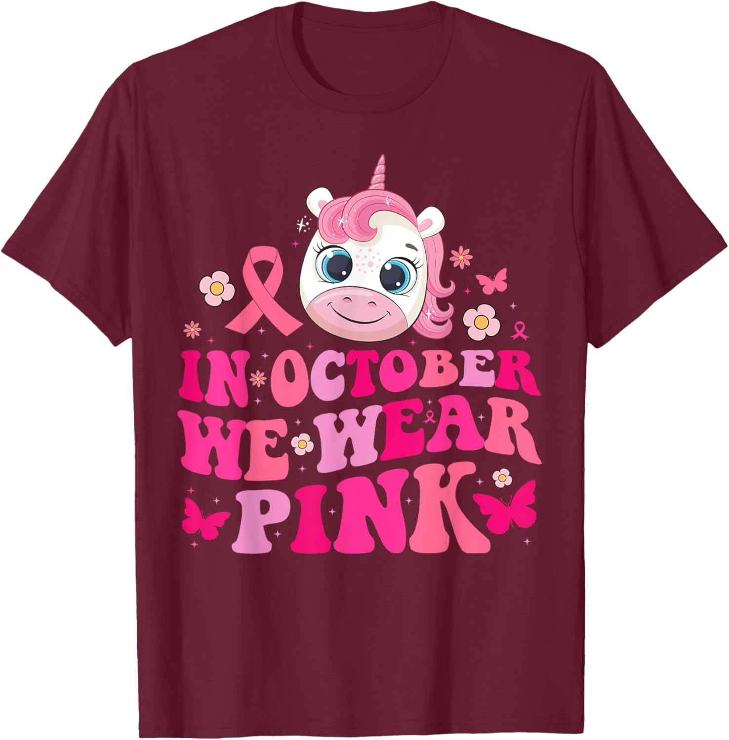 In October We Wear Pink Unicorn Breast Cancer Awareness Kids T-Shirt - T-Shirt | Maroon