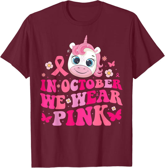 In October We Wear Pink Unicorn Breast Cancer Awareness Kids T-Shirt - T-Shirt | Maroon