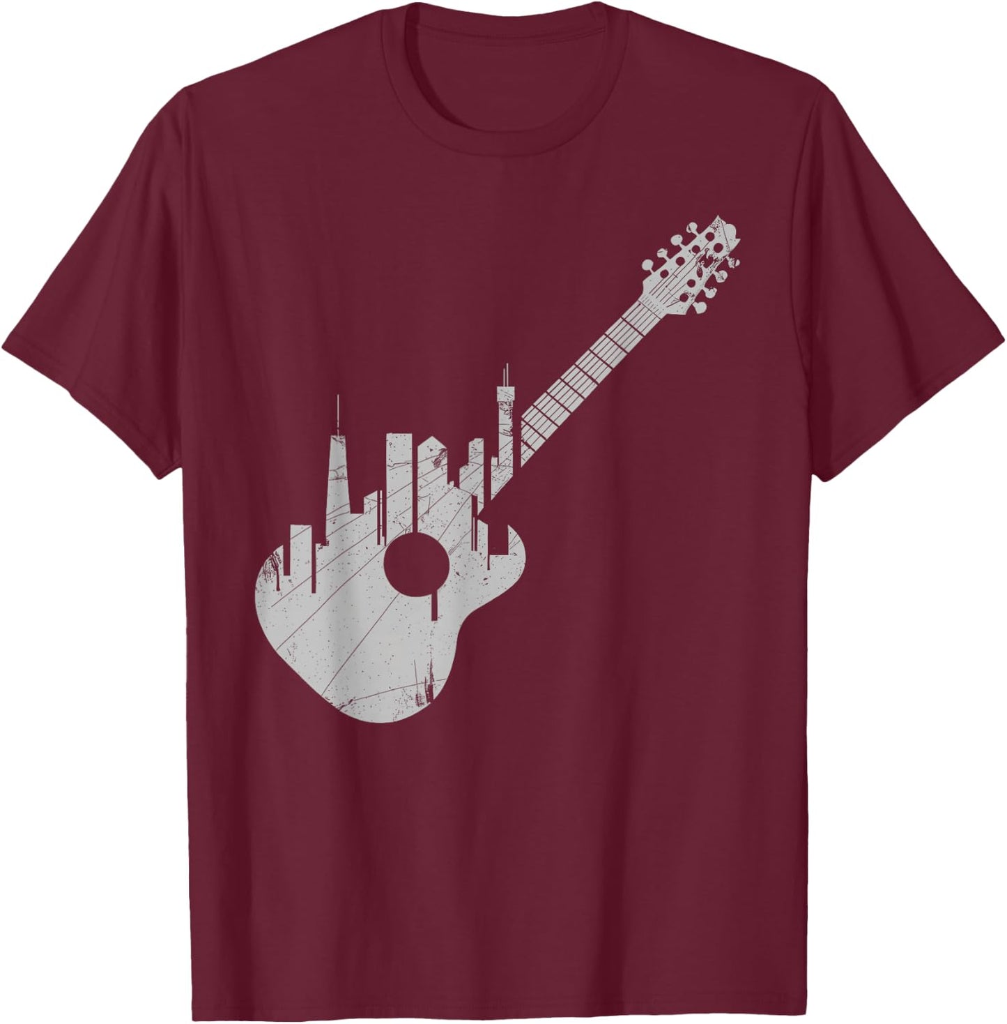 Grunge Guitar with City Skyline Band Guitar Musician T-Shirt - T-Shirt | Maroon