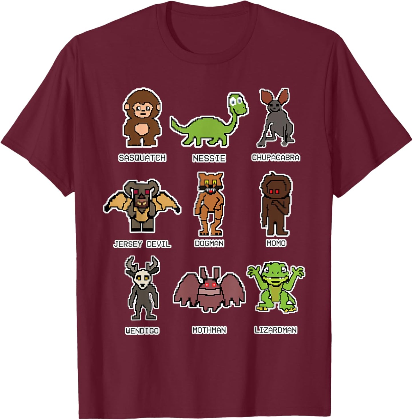 Bigfoot Ness Mothman Wendigo Monsters Retro 8-Bit Cryptid T-Shirt - T-Shirt | Maroon